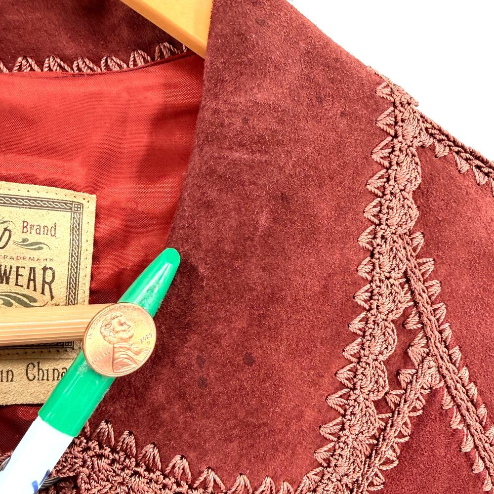 Vintage 90s Double D Ranchwear Maroon Genuine Suede Concho Button Vest - Picture 8 of 9